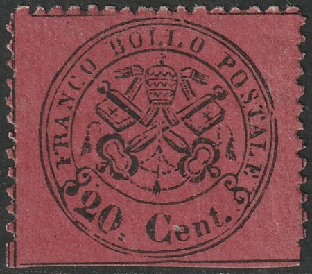 Pontificio III Em., 20 centesimi rosso bruno opaco n.27 nuovo * , AD, Cv 6500
