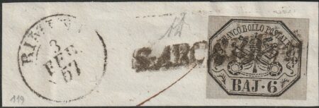 Pontificio I Em., 6 bajocchi grigio su frammento 1857 da S. Arcangelo  firmato AD
