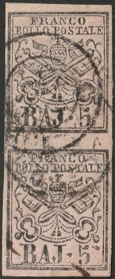 Pontificio I Em., 5 bajocchi n.6 coppia verticale con INTERSPAZIO cv 350