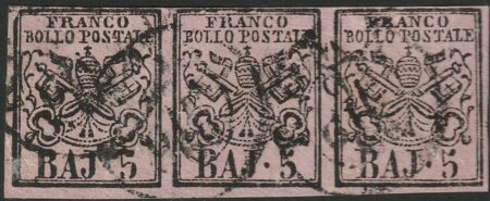 Pontificio I Em., 5 bajocchi n.6A striscia di 3 orizzontale cv 150