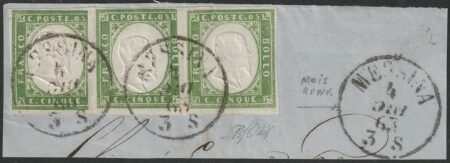 IV Em. uso Dicembre 1863/Sicilia, 5 cent 3 es. su frammento con C1 Messina mese rovesciato – Sassone N.13Ea