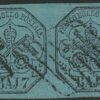 Pontificio 1852 – I Em. 7 bajocchi azzurro coppia orizz. INTERSPAZIO ben marginata Cv 800