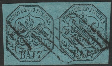 Pontificio 1852 – I Em. 7 bajocchi azzurro coppia orizz. INTERSPAZIO ben marginata Cv 800