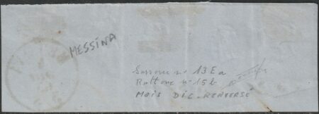 IV Em. uso Dicembre 1863/Sicilia, 5 cent 3 es. su frammento con C1 Messina mese rovesciato – Sassone N.13Ea