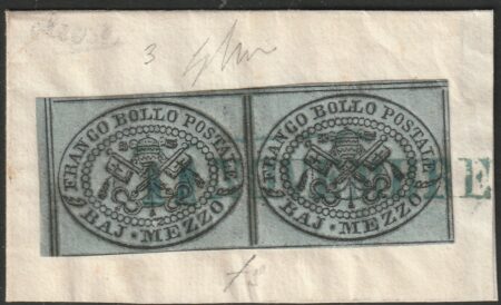 Pontificio 1852 – I Em. 1/2 bajocco grigio coppia OLEOSA annullata con datario azzurro di Osimo – Sassone N.1 var
