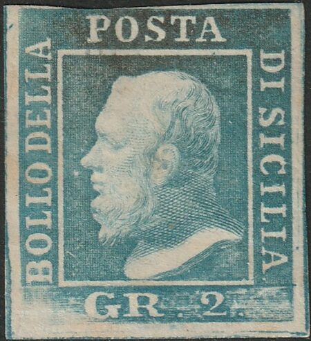Sicilia 1859 – 2 grana II Tav. azzurro nuovo con gomma integra – Sassone N.7