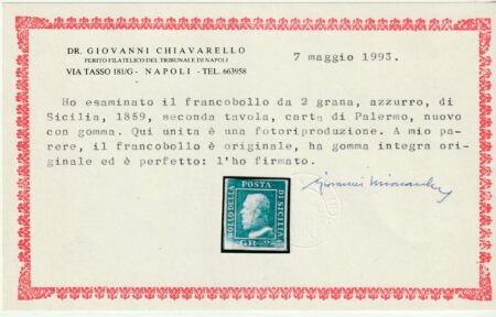 Sicilia 1859 – 2 grana II Tav. azzurro nuovo con gomma integra – Sassone N.7