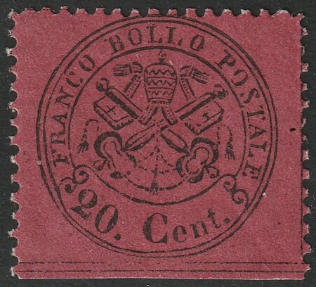 Pontificio 1868 – III Em. il 20 cent rosso bruno indiano nuovo integro Bdf – Sassone N.27a