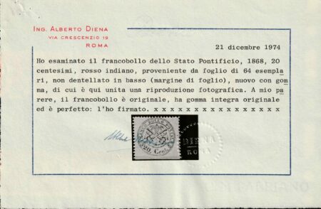 Pontificio 1868 – III Em. il 20 cent rosso bruno indiano nuovo integro Bdf – Sassone N.27a