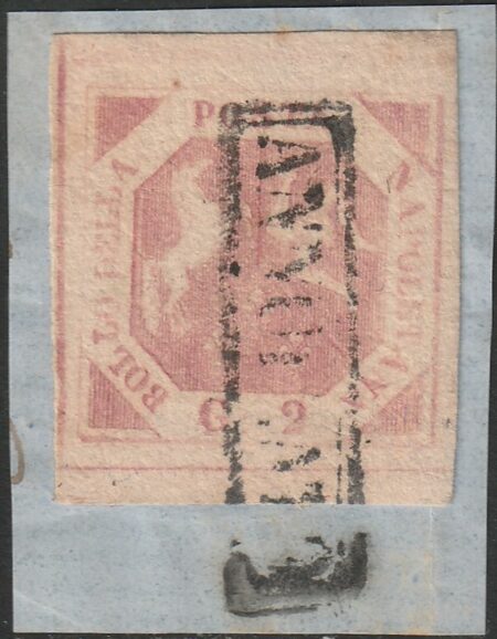 Napoli 1859 – 2 grana III Tavola rosa lillaceo su frammento Sassone N. 7a Cv 3.500