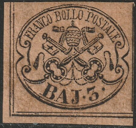 Stato Pontificio 1852 – I Em. 3 bajocchi bistro arancio angolo di foglio – Sassone N.4