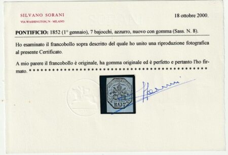 Stato Pontificio 1852 – 7 baj azzurro con margine inferiore – Sassone N. 8