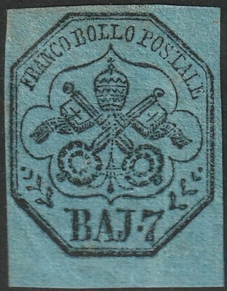 Stato Pontificio 1852 – 7 baj azzurro con margine inferiore – Sassone N. 8
