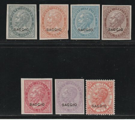 Regno d’Italia 1863 – De La Rue Tiratura di Londra 7 valori ben marginati con sovrastampa SAGGIO – Sassone NN.L16/22