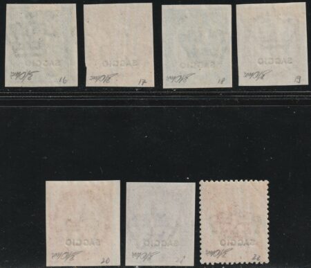 Regno d’Italia 1863 – De La Rue Tiratura di Londra 7 valori ben marginati con sovrastampa SAGGIO – Sassone NN.L16/22