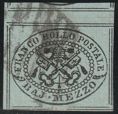 Stato Pontificio 1852 – 1/2 bajocco grigio azzurro 8 FILETTI con interspazio completo in alto certificato – Sassone N.1a