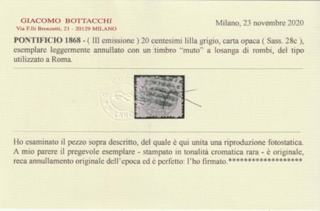 Stato Pontificio 1868 20 c. lilla grigio carta opaca usato n.28c rarità certificata