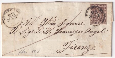 1860 23 Set 10 c. Sass.19 ben marginato su lettera da Lucignano pt.6 x Firenze