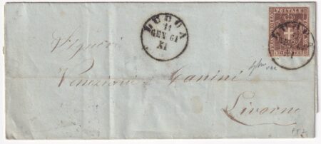1861 11 Gen 10 c. Falla nello scudo Sass 19 VAR ben marginato su sovracoperta da Lucca x Livorno