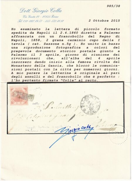 Napoli 2 gr. da Napoli a Palermo 4 Apr 1860 in Rivoluzione della Gancia Cert. Colla+f. Ray+Chiav raro