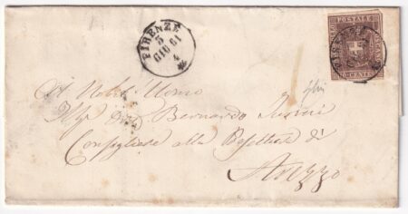 1861 5 Giu 10 c. Sass 19 data tarda su sovracoperta da Firenze x Arezzo