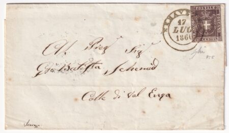 1860 17 Lug 10 c. Sass 19e ben marginato su sovracoperta da Serravezza Pt.5 x Colle