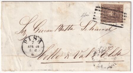 1860 17 Lug 10 c. Sass 19e ben marginato su sovracoperta da Serravezza Pt.5 x Colle