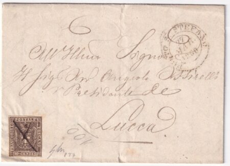 1860 27 Mar 10 c. Sass 19 su fresca lettera Porto S. Stafano a penna P7.7 x Lucca