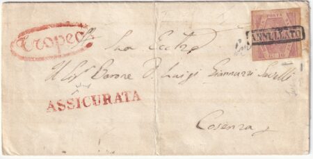 Napoli 10 gr. I Tav. rosa lillaceo isolato su assicurata da Tropea Pt.6 x Cosenza raro n.10a
