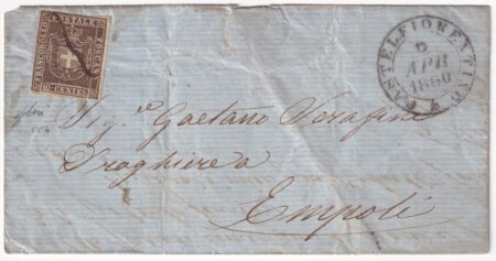 1860 9 Apr 10 c. Sass 19e su lettera da Castelfiorentino a penna Pt.4 x Empoli