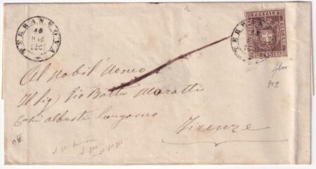 1861 10 Mar 10 c. Sass 19f su fresca sovracoperta da Terranuova Pt.8 x Firenze