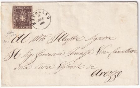 1860 3 Nov 10 c. Sass19e ben marginato su fresca sovracoperta da Rapolano Pt.7 x Arezzo