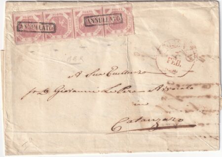 Napoli 2 gr. III tav striscia di 4 su lettera da Cosenza x Catanzaro f.AD rara