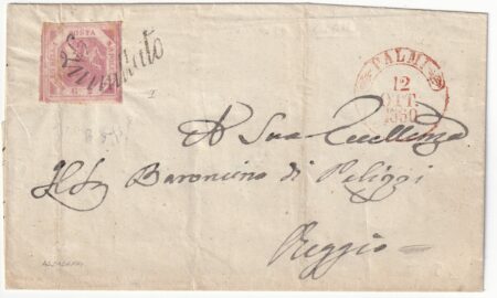 2 gr. I tav. piega su sovracoperta da Palmi Svolazzo Pt.9 x Reggio timbr. Bolaffi n.5c