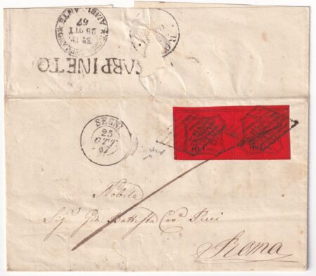 II Em 10 c. coppia su sovracoperta da Carpineto Pt.R1 x Roma f.Chiav molto rara n.17