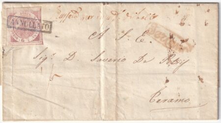 Napoli 1/2 gr. II Tav. su lettera insufficiente da Montagnano x Teramo tassata f.Diena n.2