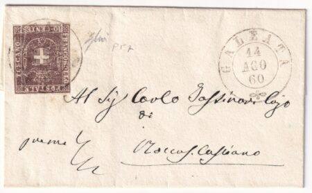 1860 11 Ago 10 c. Sass 19 su sovracoperta mignon da Galeata Pt.7 x Rocca S. Casciano