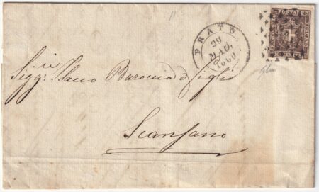 1860 29 Mag 10 c. Sass 19 su lettera da Prato Pt.5 x Scansano
