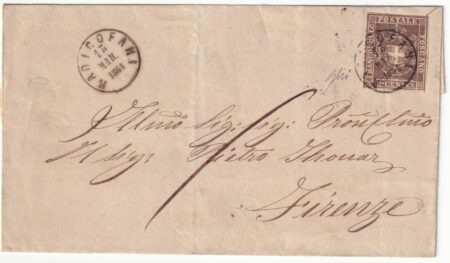 1861 13 Mar 10 c. Sass 19 su sovracoperta da Radicofani Pt.3 x Firenze