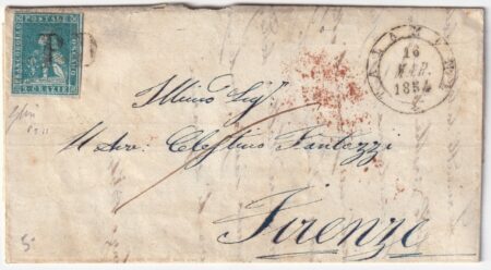 1854 16 Mar 2 cr. Sass 5 su lettera da Talamoine Pt.11 x Firenze Cv 4075