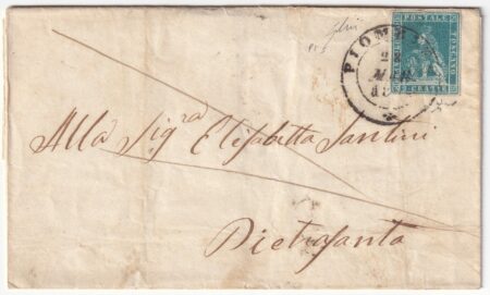 1855 28 Mar 2 cr. Sass 5d su sovracoperta da Piombino Pt.5 x Pietrasanta f.Chiav