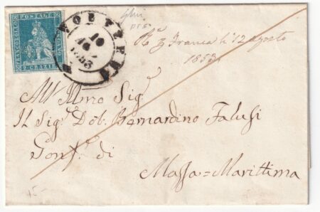 1853 10 Agp 2 cr. Sass 5d su fresca sovracoperta da Volterra Pt.5 x Massa Marittima Spl