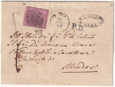 II E. 80 c.rosa lill.vivo isolato Bdf molto ben marginato su lettera da Roma x Mondovì f.ED+Em.D. rara n.20a