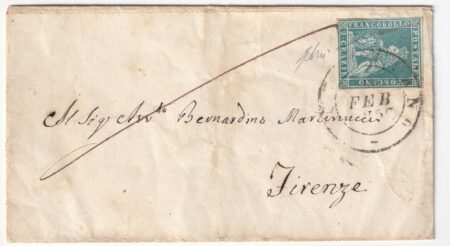 1857 10 Feb 2 cr. Grande Macchia Sass 5f su bustina da Rocca S.Casciano Pt.5 x Firenze 4900