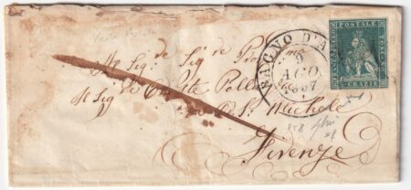 1857 9 Ago 2 cr Sass 5f su lettera da Bagni d’Acqui Pt.8 x Firenze f.Em.D Cv 2600