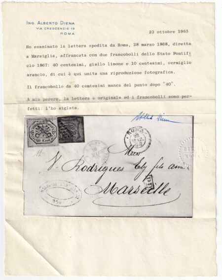 II Em. 40 c. senza punto + 10 c. su lettera da Roma x Marsiglia Cert.AD rara n.17+19a