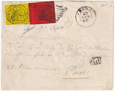 II Em. 40 + 10 c. 8 FILETTI su busta da Roma x Parigi n.17+19 Cert.Fiecchi+f.Sorani rara