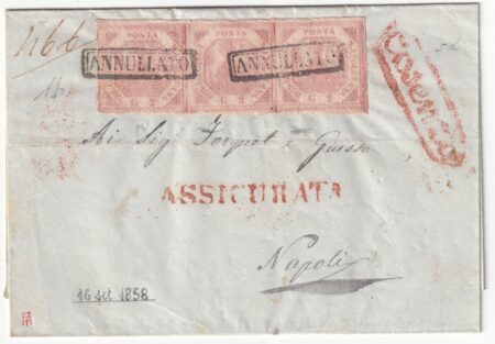 Napoli 2 gr. I Tav. striscia di 3 ben marginata su assicurata da Cosenza Pt.1 f.AD n.5d/5v