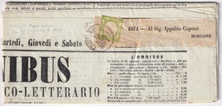16 Mar 1861 ultimo giorno PN 1/2 t. Doppia Effige discosta su Giornalie Omnibus da Napoli x Morcone f.Chiav raro