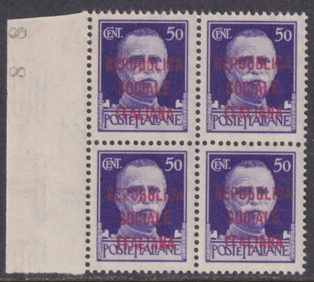 Repubblica Sociale 50 c. violetto in quartina Sass. 493E MNH** BDF Cv. 3600